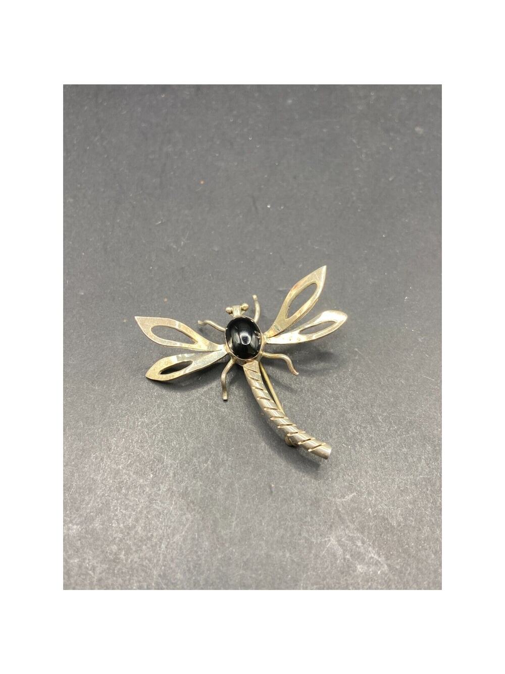 Vintage Taxco Mexico Sterling Silver 925 Black Onyx Dragon Fly Pin Brooch - Picture 1 of 11